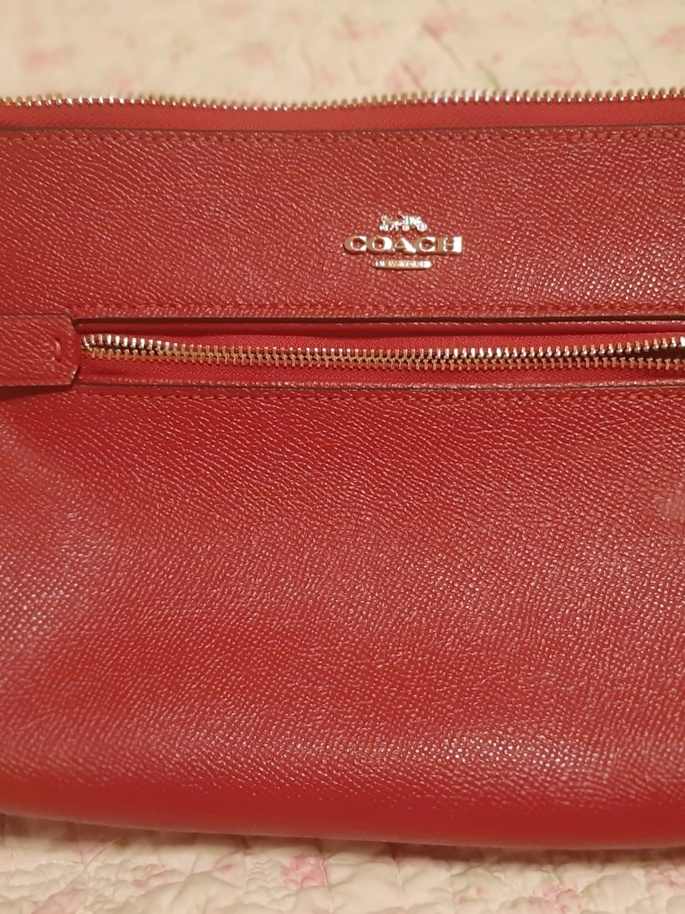 Coach Cherry Red Leather Zip Pouch with Gold Hardware